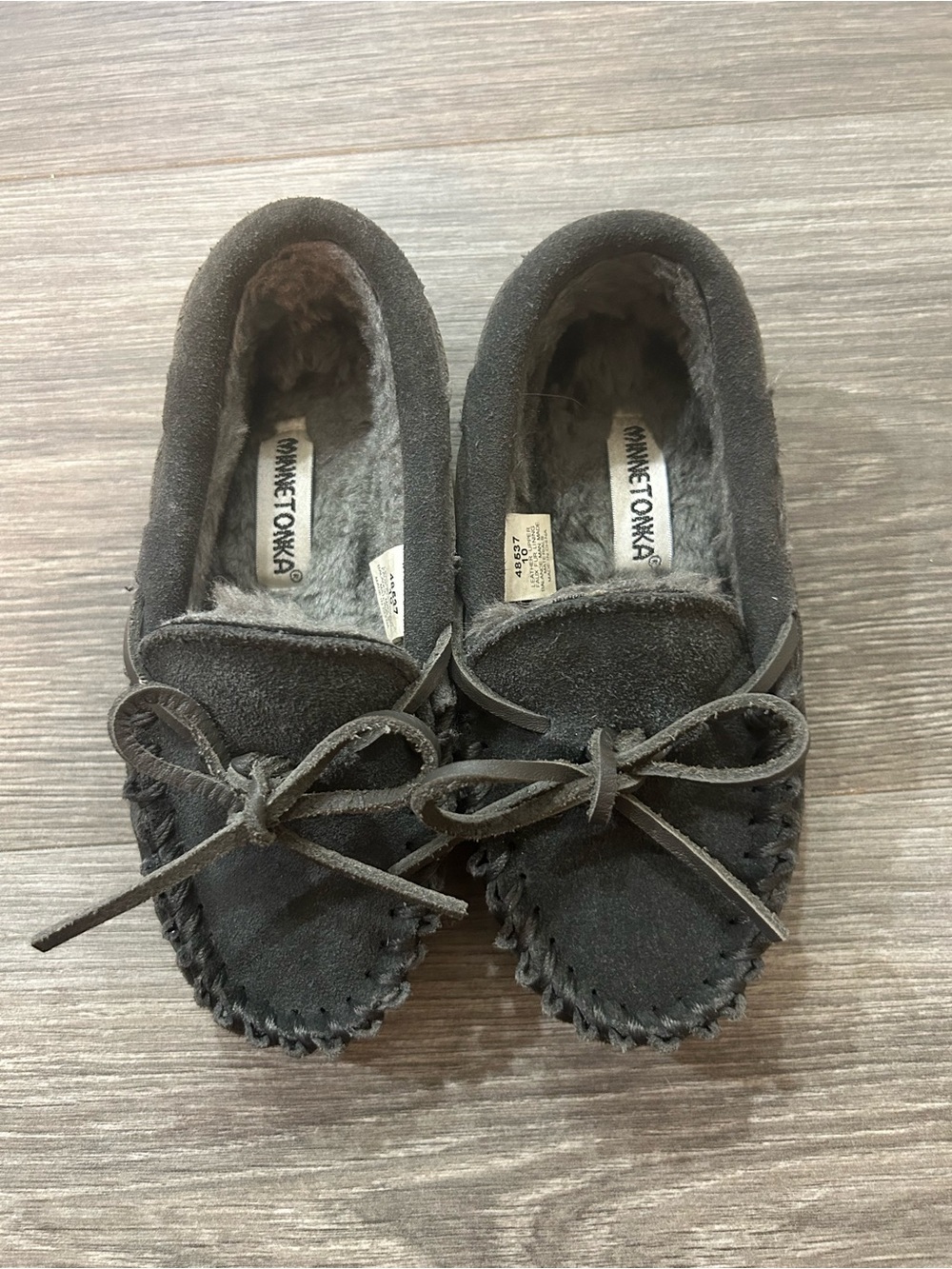 Minnetonka Kids Charcoal Gray Suede Moccasins with Bow